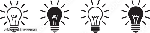 Four black and white light bulb icons with rays on white background