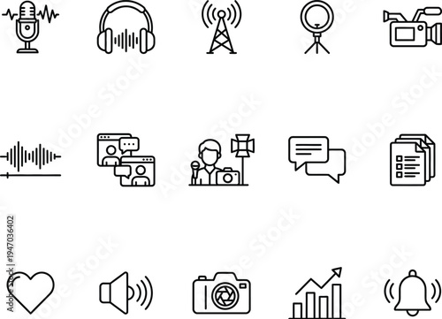 A collection of black line icons representing various media and communication tools