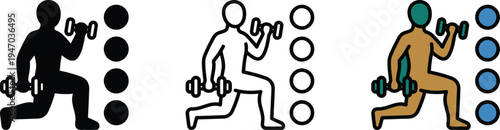 A fit man performing lunges with dumbbells in different colors and styles