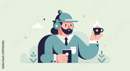 Stylized person with headphones, phone, and hot steaming coffee cup