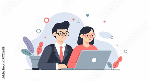 Two individuals working together on a laptop, surrounded by abstract shapes and plants