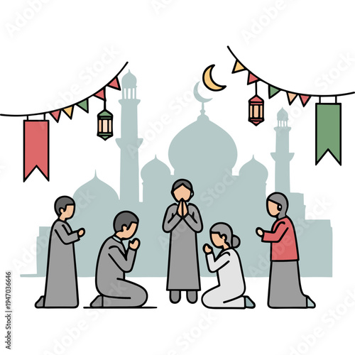 People praying in front of a mosque during Ramadan with crescent moon