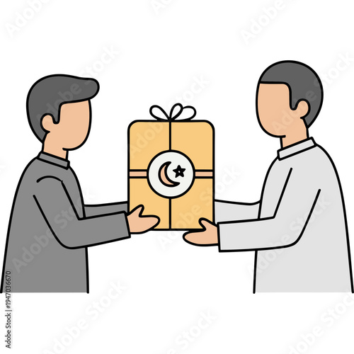 Two men exchanging a gift wrapped in brown paper with a crescent moon symbol