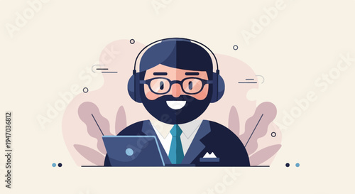A man with headphones and glasses works on a laptop