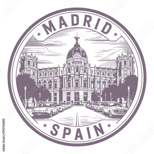 Vintage style emblem showcasing madrid s cityscape and architectural details