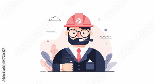 A man in a hard hat and suit holding a phone