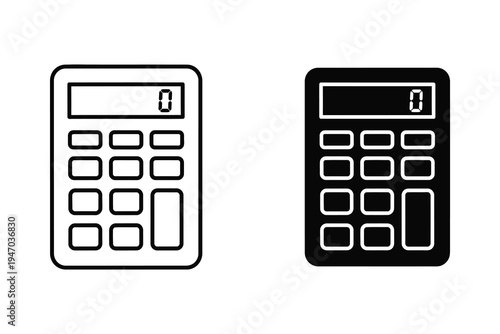 Calculator Icons: Digital Display and Buttons in Line and Silhouette Styles