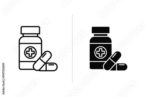 Medical Pill Bottle and Capsule Icons for Pharmacy and Healthcare Concepts
