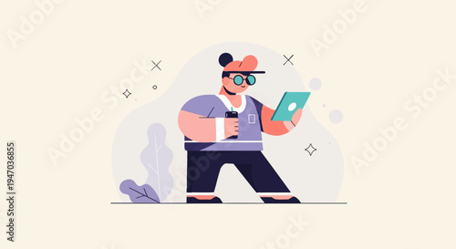 A person in a purple shirt and dark pants holds a tablet and drink