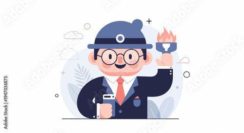 A person in a suit and hat holds a flaming torch, representing innovation