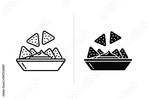 Nachos with Dip Bowl Icon Set for Mexican Food Theme