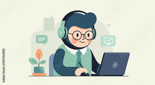 A person wearing headphones and glasses uses a laptop with a plant nearby