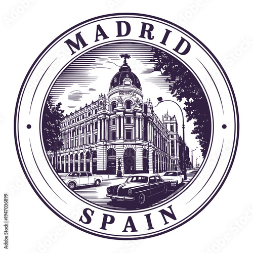 Vintage style emblem featuring the metropole building and city of madrid spain