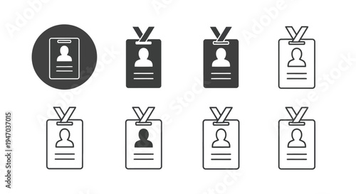 Collection of professional identification card icons featuring various styles for employee badges, personal profiles, and authorized access in a clean, modern design.