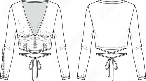 Long sleeve corset style crop top with plunging v-neck and tie-up waist detail, cad drawing flat vector illustration for design