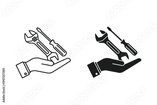Service and Repair Icons: Hand Holding Wrench and Screwdriver in Line/Silhouette