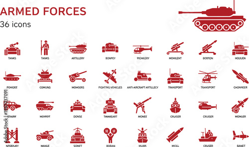 Armed forces military icons set, army weapons vehicles tanks aircraft navy defense vector illustration collection pack
