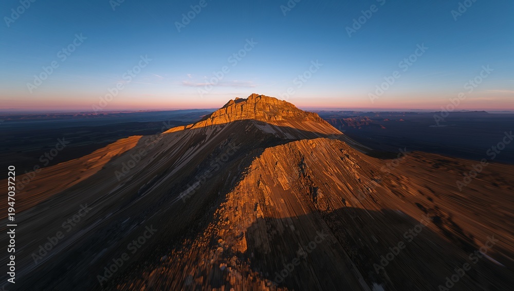 Fototapeta premium Framing rugged ridgeline leading to jagged peak at dawn, exposing strata, scree, long shadows