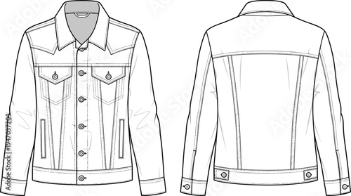 Classic denim trucker jacket technical fashion flat sketch with buttoned flap pockets and adjustable hem, cad drawing flat vector illustration