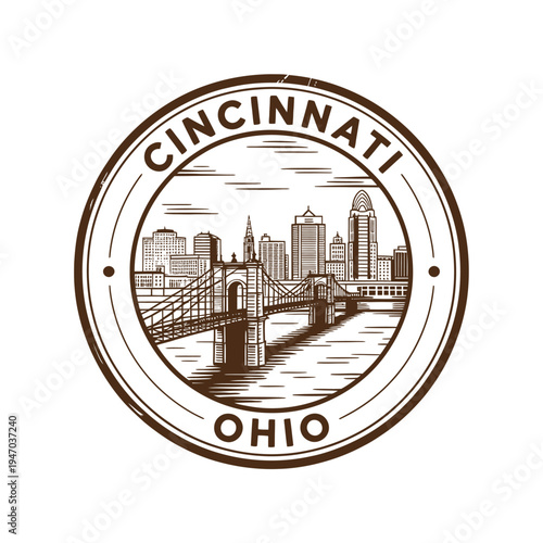 Billede på lærred Vintage style circular emblem featuring the cincinnati skyline and ohio text