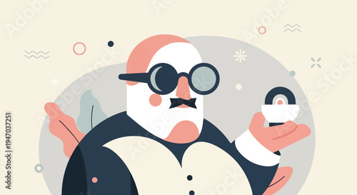 Stylized figure in a suit with round spectacles holding a small, abstract object