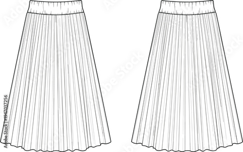 Pleated midi skirt technical fashion flat sketch with elastic waistband, cad drawing flat vector illustration for women’s apparel design set