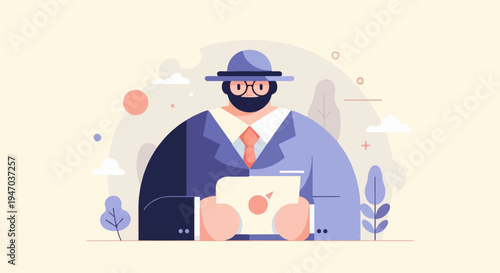 Stylized businessman with glasses and hat, holding a digital tablet outdoors