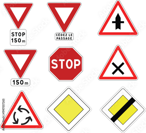 European Roads Priority Road Signs Intersections, Give Way, Round About, Priority Roads and Cross Roads Vector Design Icons With Transparent Background
