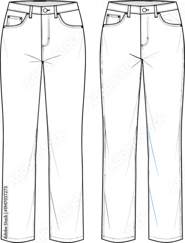Women’s classic denim jeans and sleeveless pleated dress fashion flat sketch, cad drawing flat vector illustration for apparel design set