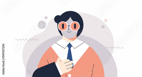 Professional individual in stylish attire with unique eyewear against abstract backdrop