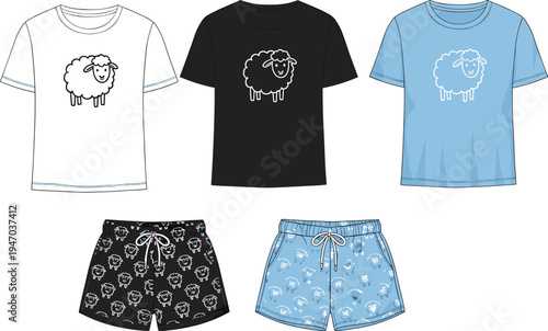 Kids pajama set technical fashion flat sketch with sheep graphic t-shirt and printed drawstring shorts, cad drawing flat vector illustration