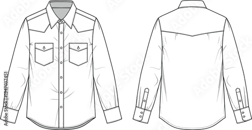 Long sleeve western shirt technical fashion flat sketch with yoke details and flap pockets, cad drawing flat vector illustration for design