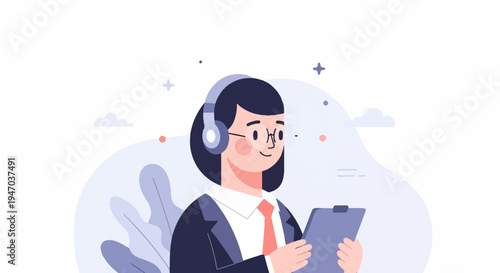 Person in headset holding clipboard, stylized flat illustration