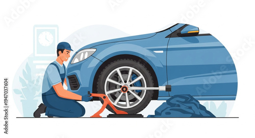 Mechanic changing car tire outdoors.
