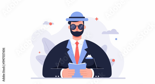 Man in suit and hat reads a book, with abstract shapes and clouds in background