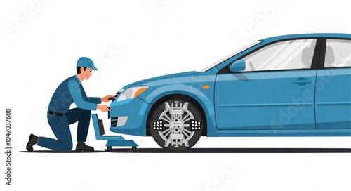 Mechanic changing car tire outdoors.