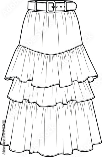 Tiered maxi skirt technical fashion flat sketch with belted waist and ruffled layers, cad drawing flat vector illustration for design