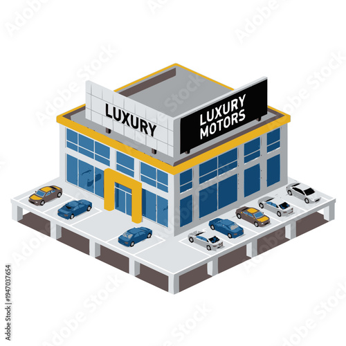 Luxury car dealership building illustration.