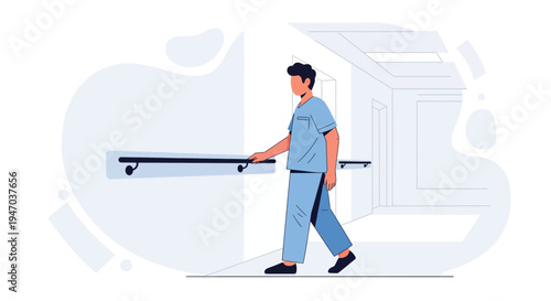 Medical professional walking in hospital corridor with handrail