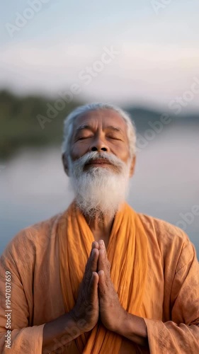 Elderly indian man meditating in orange robe near water. Spiritual sadhu praying with hands together in prayer position. Mindfulness and yoga practice concept. Vertical video