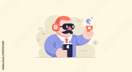 A stylized man in a suit holds a phone and a steaming cup