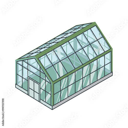 A green house with large glass windows.