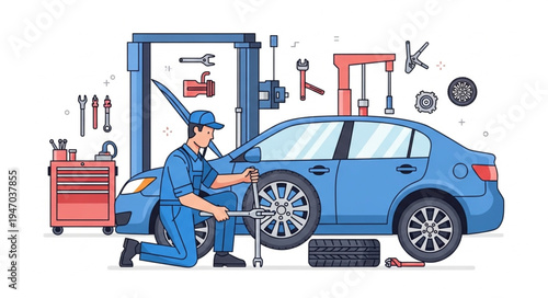 Mechanic changing car tire.