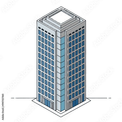 A tall blue and white office building.