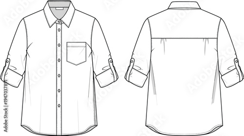 Long sleeve button down shirt technical fashion sketch, roll tab sleeves front back view cad drawing flat vector illustration for tech pack