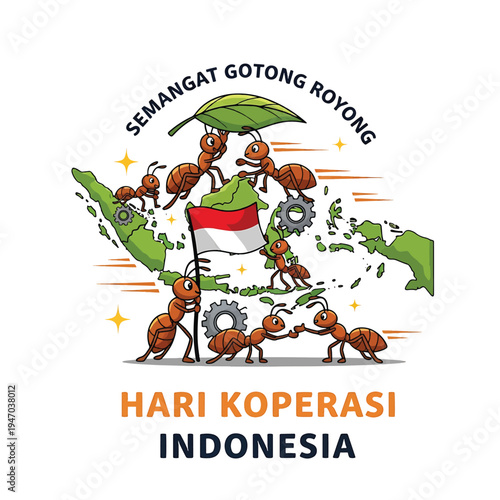 Ants Cooperative Logo Scene with Indonesian Map and Flag