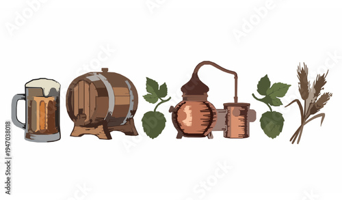 Vintage brewery and distillery vector icon set beer mug hops barrel wheat copper pot still engraved style isolated on white