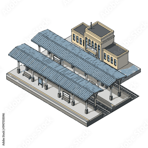 Isometric illustration of a train station.