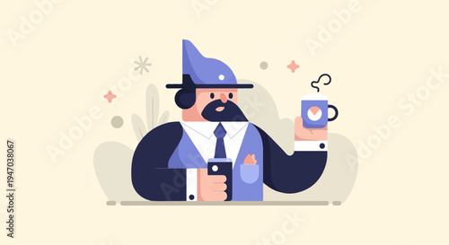 A man with a beard and hat holds a phone and a cup of coffee