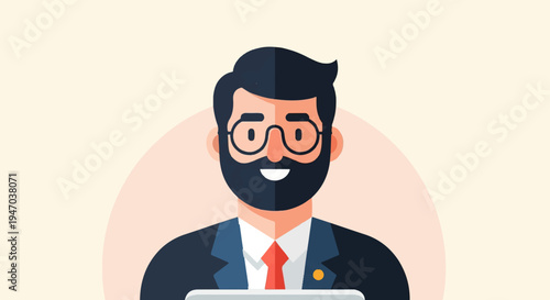 A smiling man in a suit, tie, and glasses holds a tablet